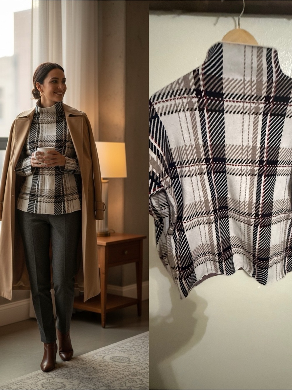 Tahari Women’s Large Plaid Mock Neck Sweater Black Cream Tan Red